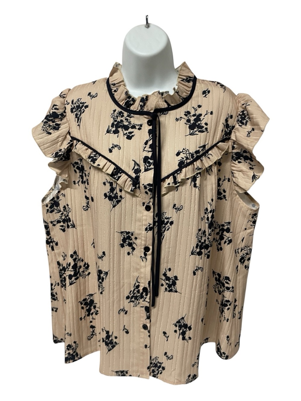 Beige Floral Ruffle Button-Front Top with Black Trim Quilted sleeveless plus siz
